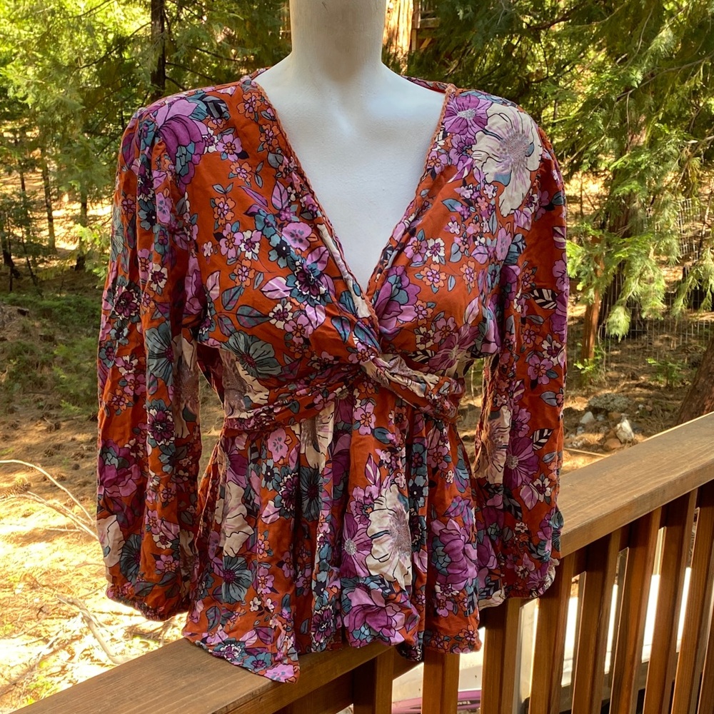 Floral Nostaligia Rust Twist-Front Peplum Blouse - Women's